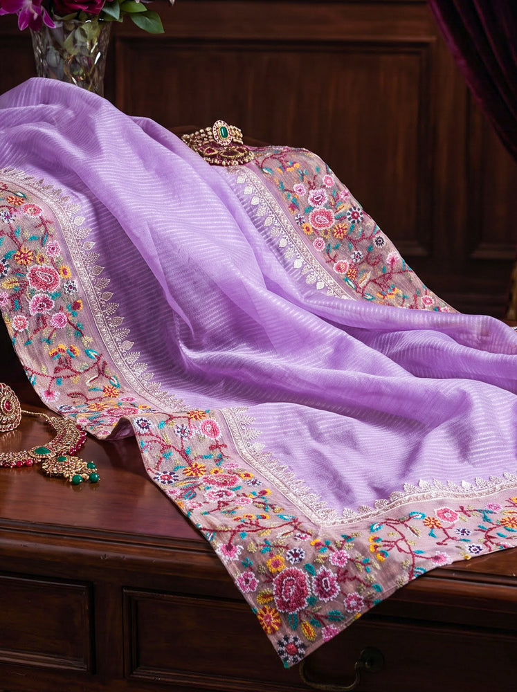 Banarasee Pure Tissue Silk Saree With Stripe Pattern & Resham Embroidered Border-Lavender