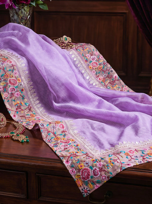 Banarasee Pure Tissue Silk Saree With Stripe Pattern & Resham Embroidered Border-Lavender