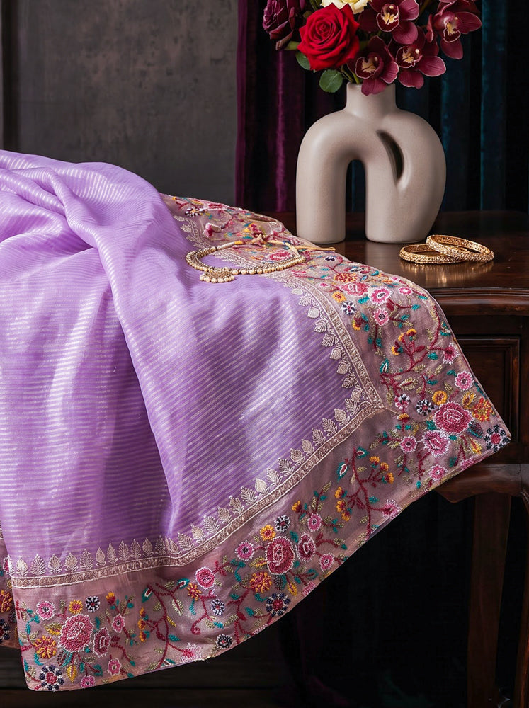 Banarasee Pure Tissue Silk Saree With Stripe Pattern & Resham Embroidered Border-Lavender
