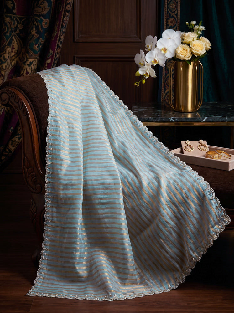 Banarasee Pure Tissue Silk Saree With Stripe Pattern & Scallop Border-Light Blue