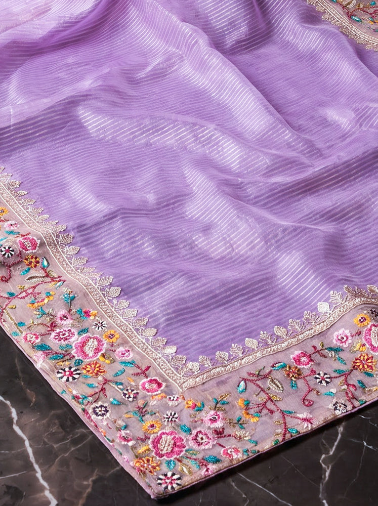 Banarasee Pure Tissue Silk Saree With Stripe Pattern & Resham Embroidered Border-Lavender