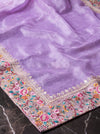 Banarasee Pure Tissue Silk Saree With Stripe Pattern & Resham Embroidered Border-Lavender