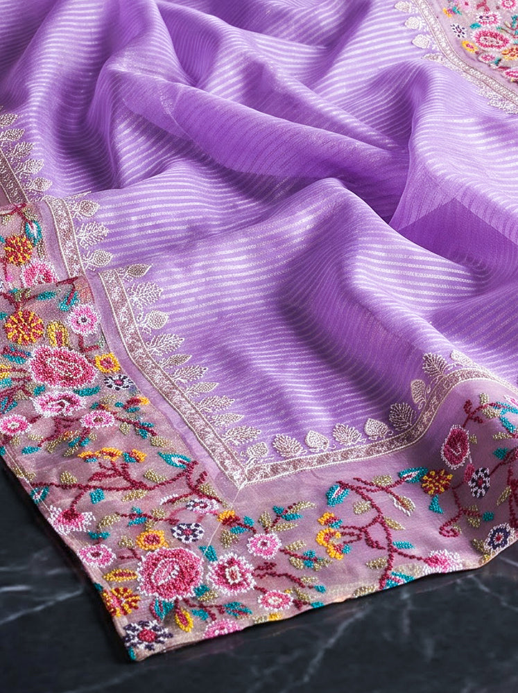 Banarasee Pure Tissue Silk Saree With Stripe Pattern & Resham Embroidered Border-Lavender