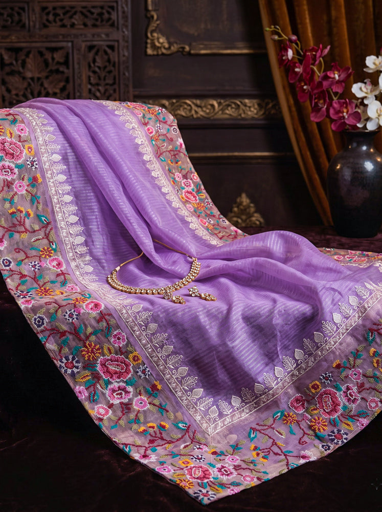 Banarasee Pure Tissue Silk Saree With Stripe Pattern & Resham Embroidered Border-Lavender