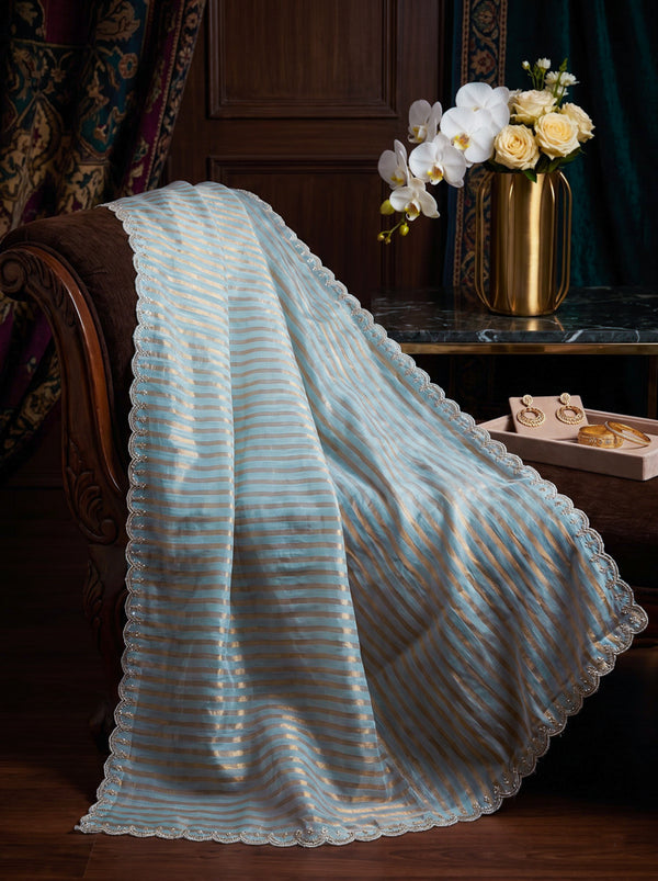 Banarasee Pure Tissue Silk Saree With Stripe Pattern & Scallop Border-Light Blue