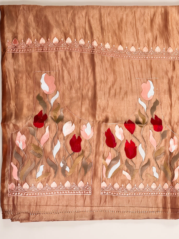 Banarasee Pure Tissue Silk Saree With Stripe Pattern & Resham Embroidered Border-Brown