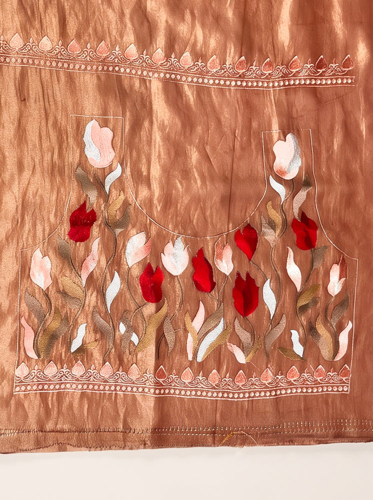 Banarasee Pure Tissue Silk Saree With Stripe Pattern & Resham Embroidered Border-Brown
