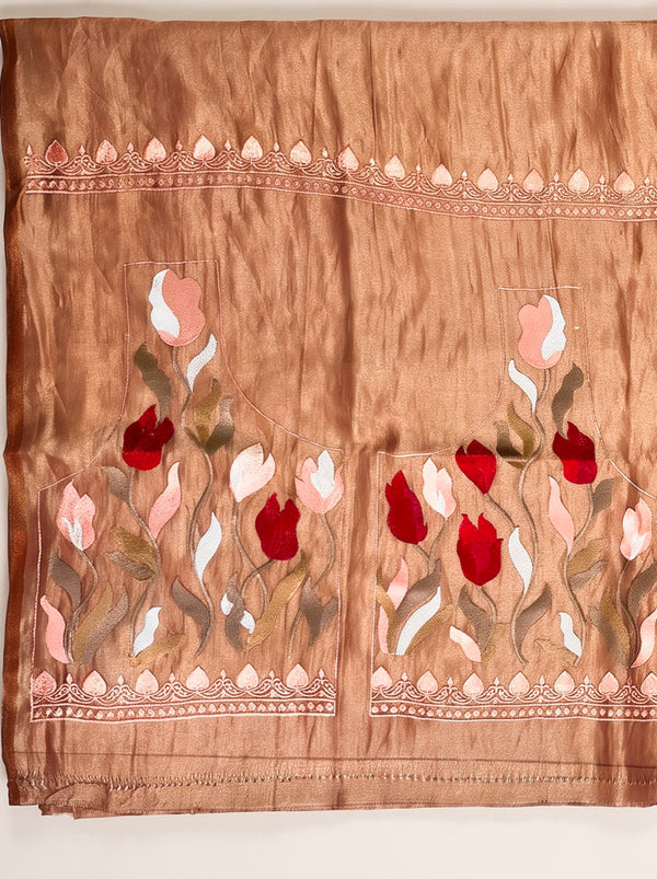 Banarasee Pure Tissue Silk Saree With Stripe Pattern & Resham Embroidered Border-Brown