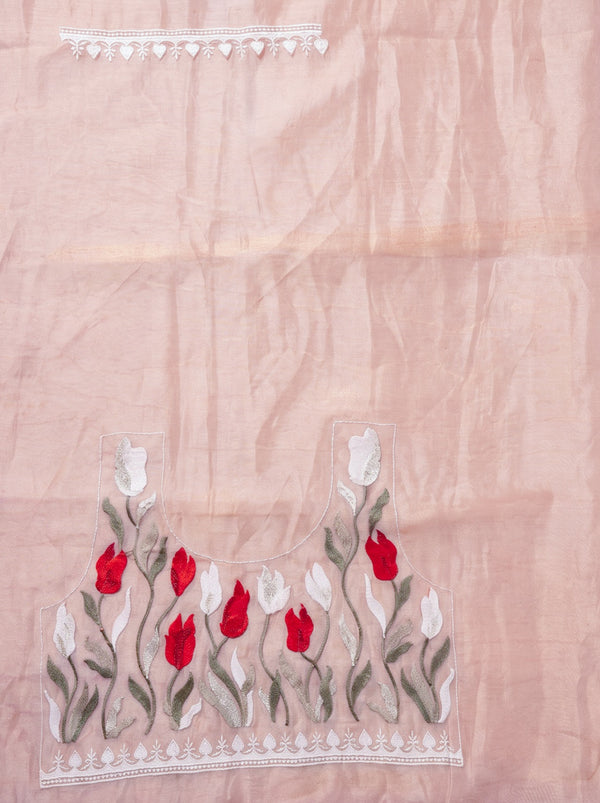 Banarasee Pure Tissue Silk Saree With Stripe Pattern & Resham Embroidered Border-Light Pink