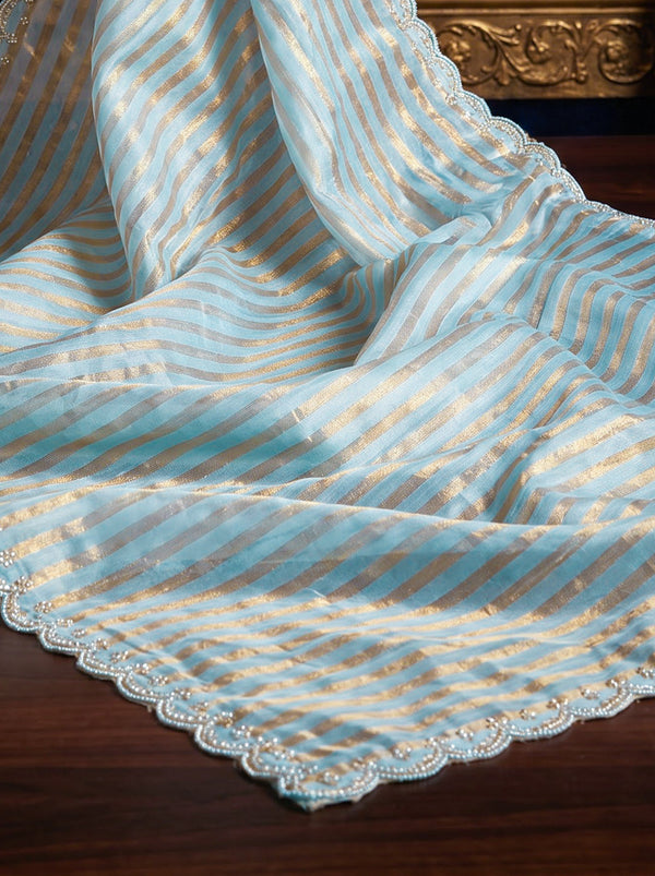 Banarasee Pure Tissue Silk Saree With Stripe Pattern & Scallop Border-Light Blue