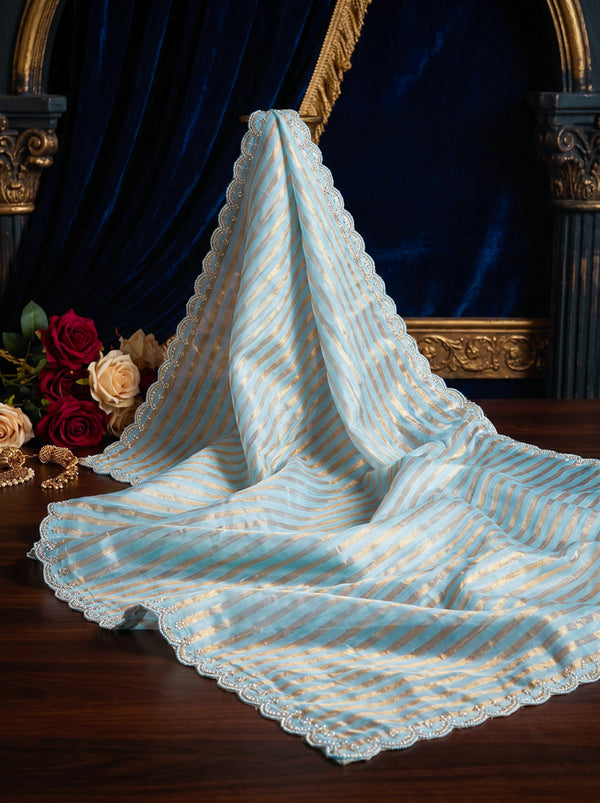 Banarasee Pure Tissue Silk Saree With Stripe Pattern & Scallop Border-Light Blue
