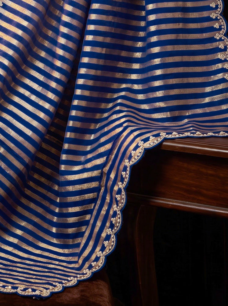 Banarasee Pure Tissue Silk Saree With Stripe Pattern & Scallop Border-Navy Blue