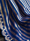 Banarasee Pure Tissue Silk Saree With Stripe Pattern & Scallop Border-Navy Blue