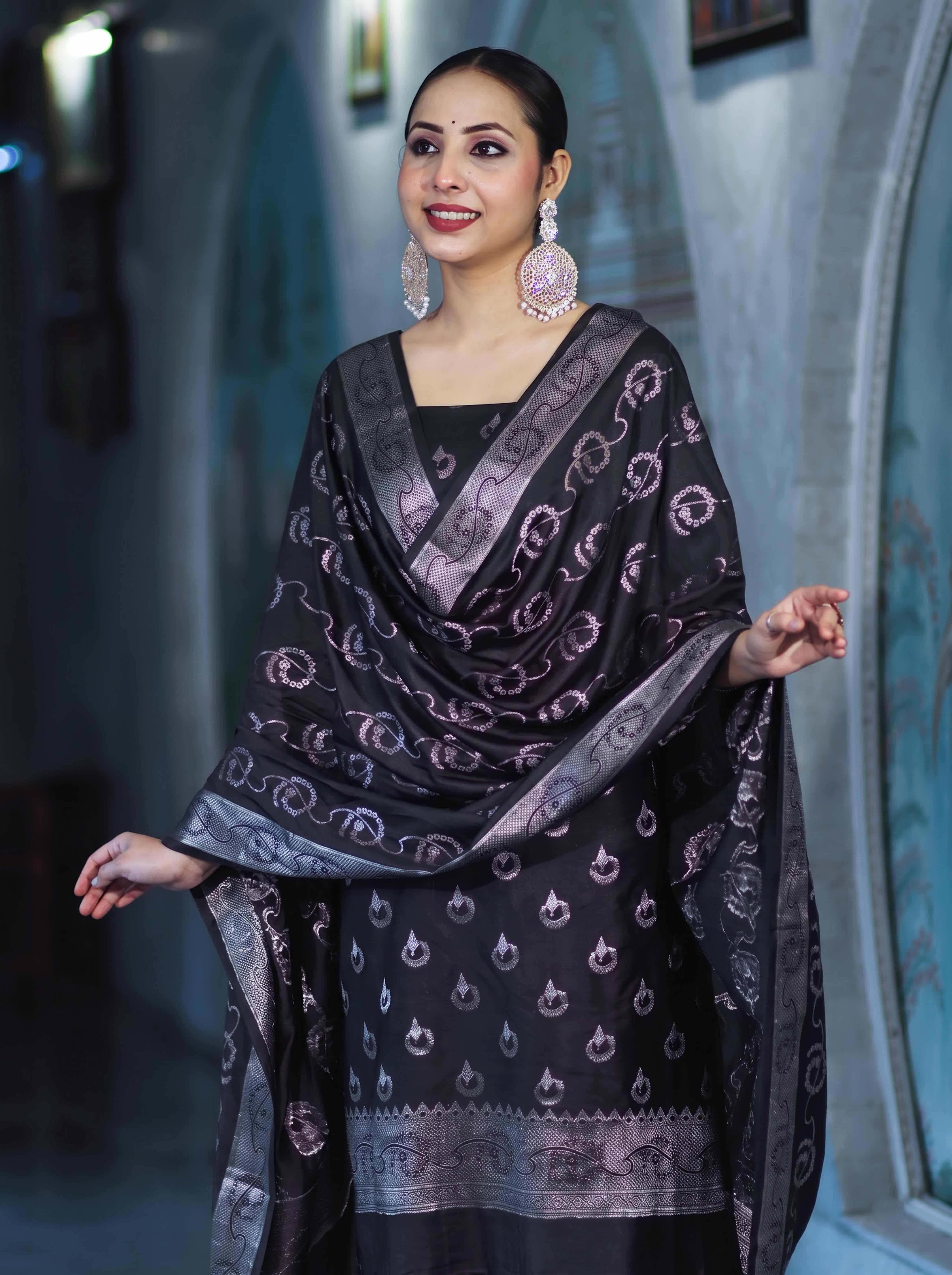 Banarasee Zari Embroidered Chanderi Silk Salwar Kameez With Dupatta Set-Black