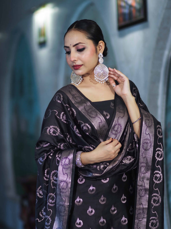 Banarasee Zari Embroidered Chanderi Silk Salwar Kameez With Dupatta Set-Black
