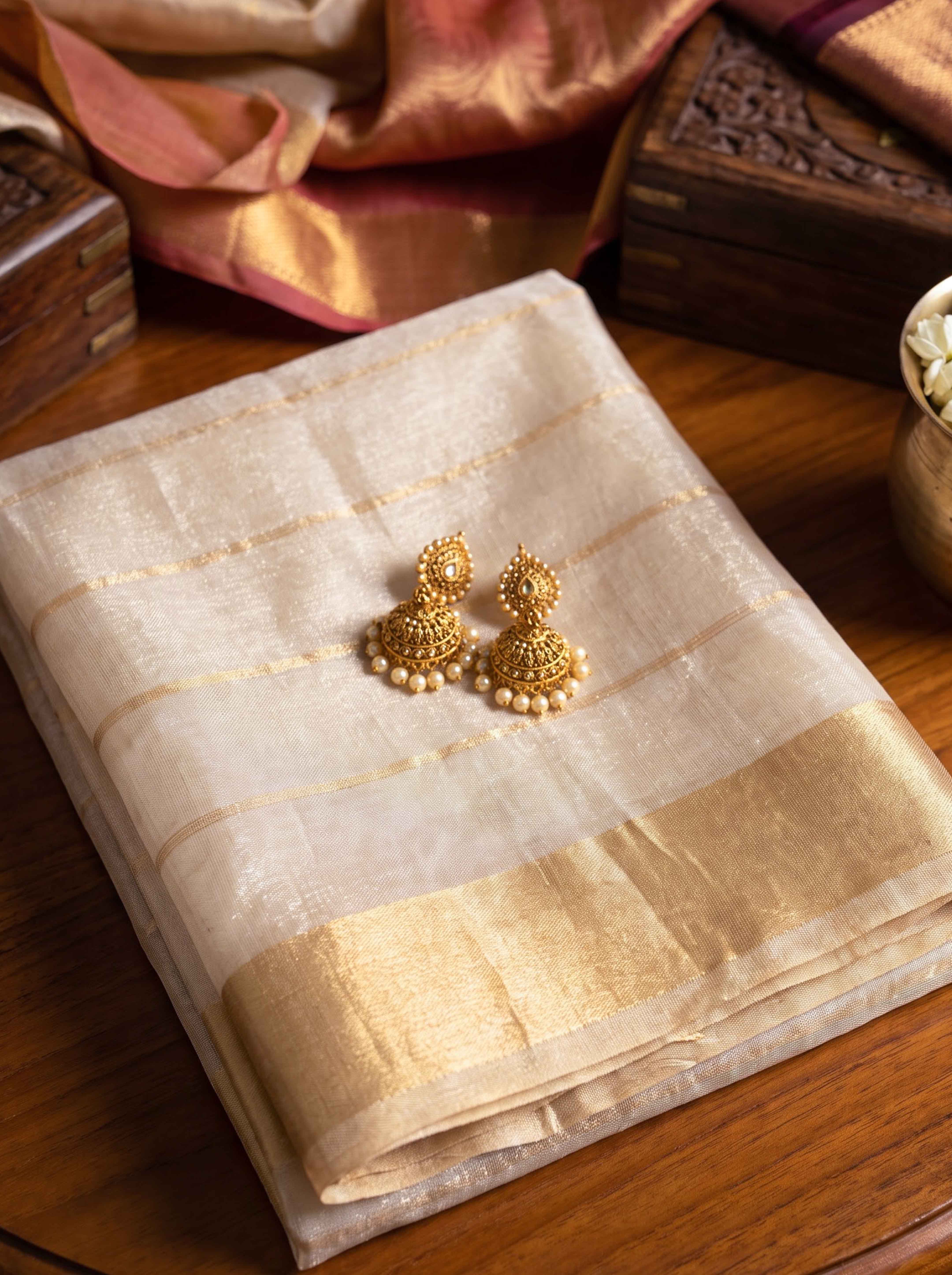 Banarasee Pure Tissue Check Saree With Resham Embroidered Buta-Gold