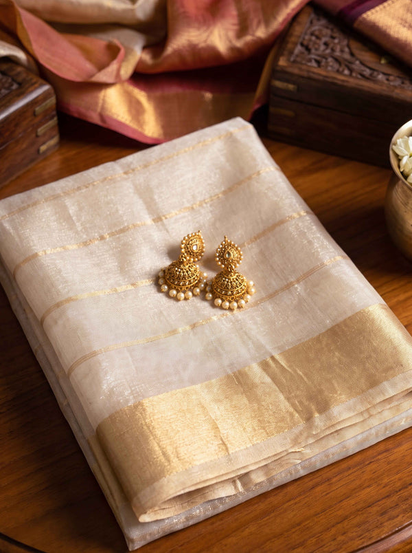 Banarasee Pure Tissue Check Saree With Resham Embroidered Buta-Gold