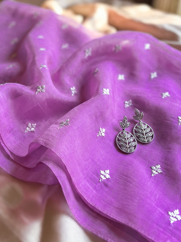 Banarasee Pure Organza Silk Saree With Resham & Zari Embroidery-Light Purple