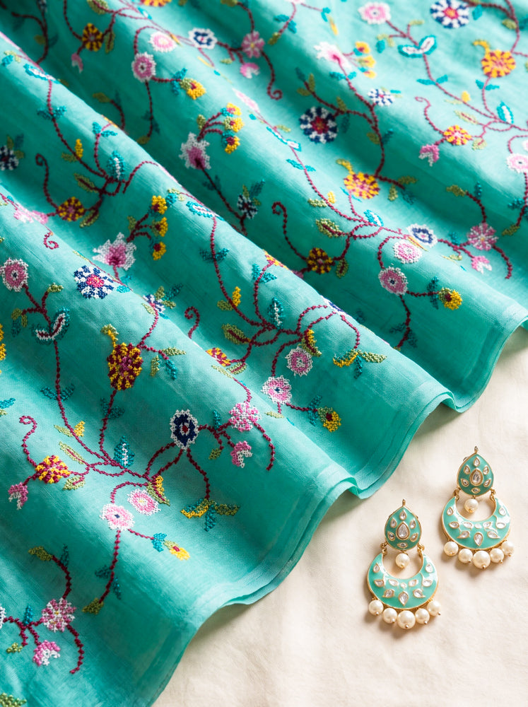 Banarasee Pure Tissue Silk Saree With Stripe Pattern & Resham Embroidered Border-Aqua Green