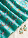 Banarasee Pure Tissue Silk Saree With Stripe Pattern & Resham Embroidered Border-Aqua Green