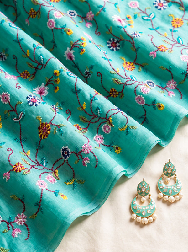 Banarasee Pure Tissue Silk Saree With Stripe Pattern & Resham Embroidered Border-Aqua Green