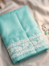 Banarasee Pure Organza Silk Saree With Resham Embroidery-Mint Blue