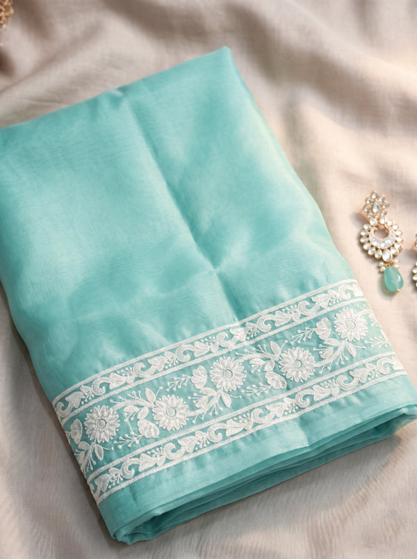 Banarasee Pure Organza Silk Saree With Resham Embroidery-Mint Blue