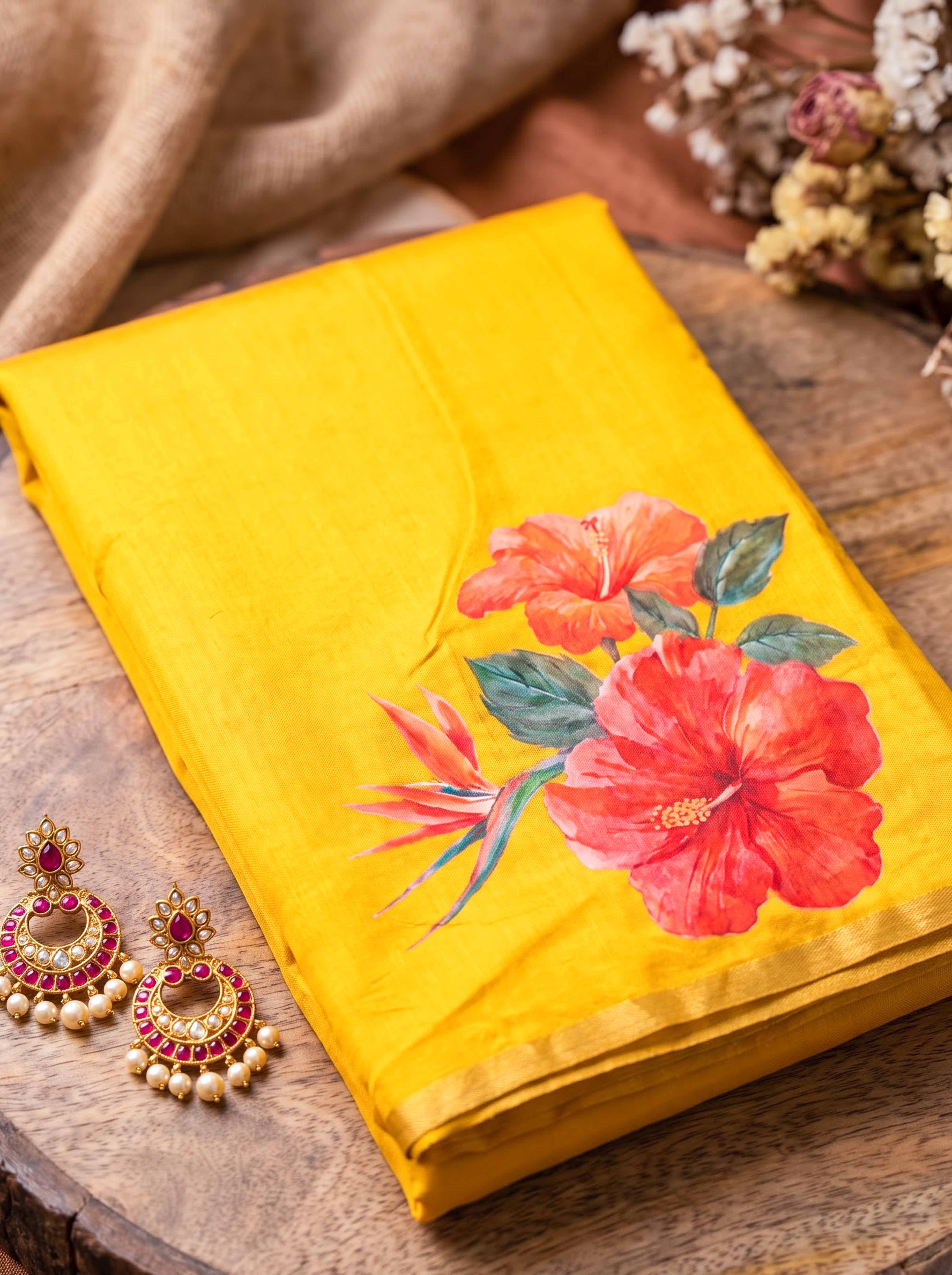 Banarasee Pure Organza Tissue Saree With Digital Printed Floral Design-Yellow