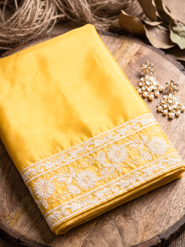 Banarasee Pure Organza Silk Saree With Resham Embroidery-Light Yellow