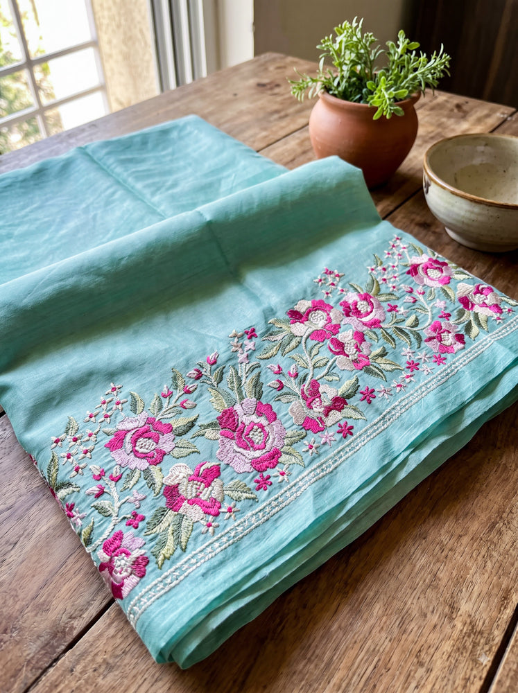 Banarasee Handloom Pure Tussar Silk Saree With Resham Embroidery-Powder Blue