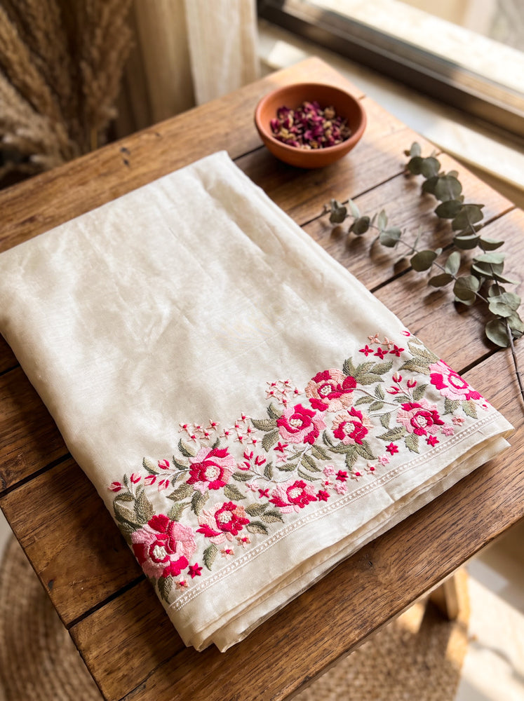 Banarasee Handloom Pure Tussar Silk Saree With Resham Embroidery-Cream