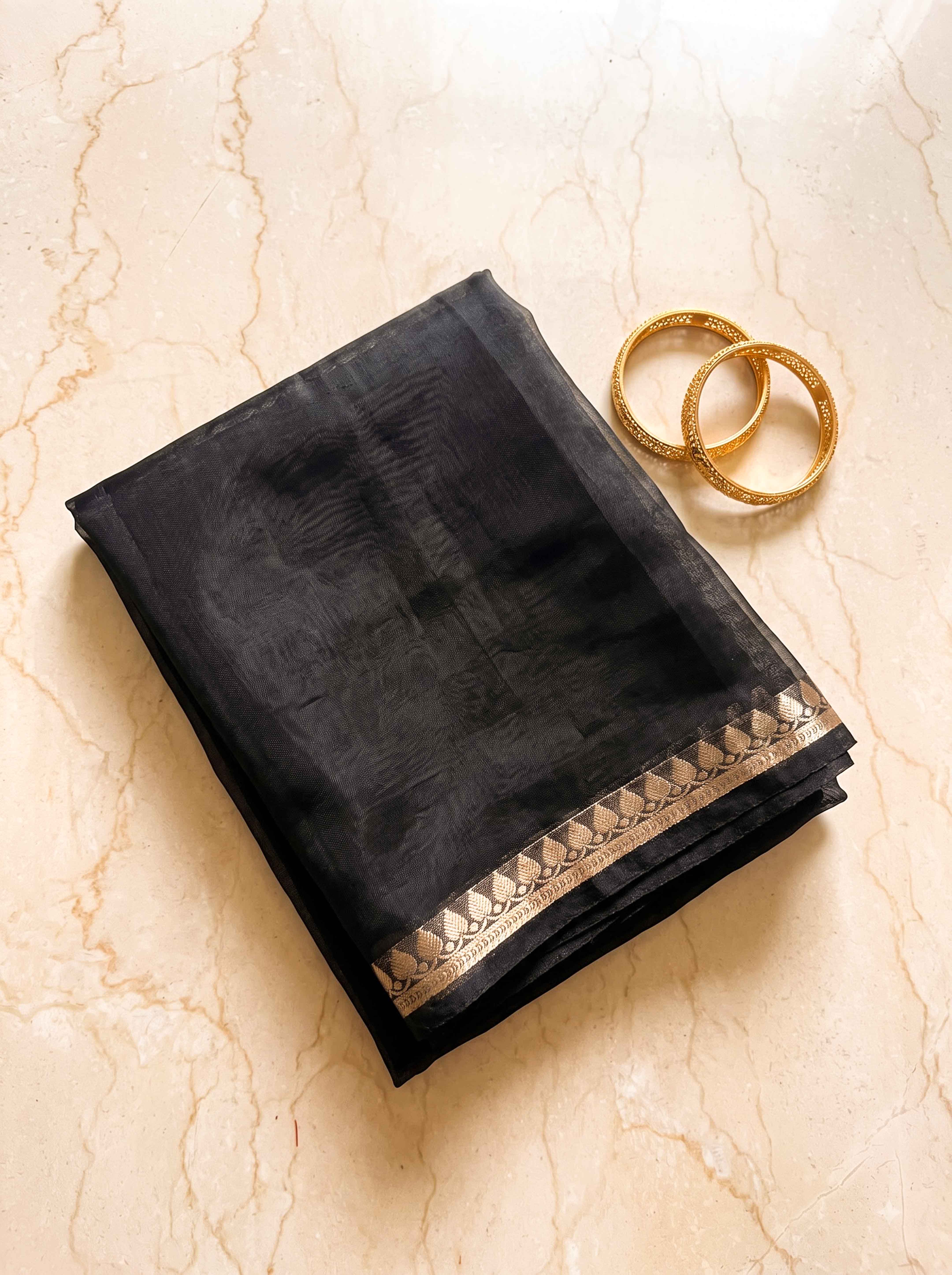 Banarasee Pure Organza Silk Saree With Zari Buti Design-Black