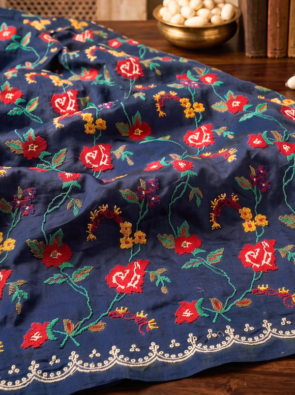 Banarasee Pure Tissue Silk Saree With Stripe Pattern & Scallop Border-Navy Blue