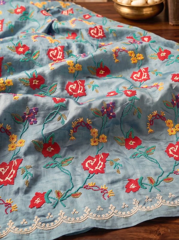 Banarasee Pure Tissue Silk Saree With Stripe Pattern & Scallop Border-Light Blue