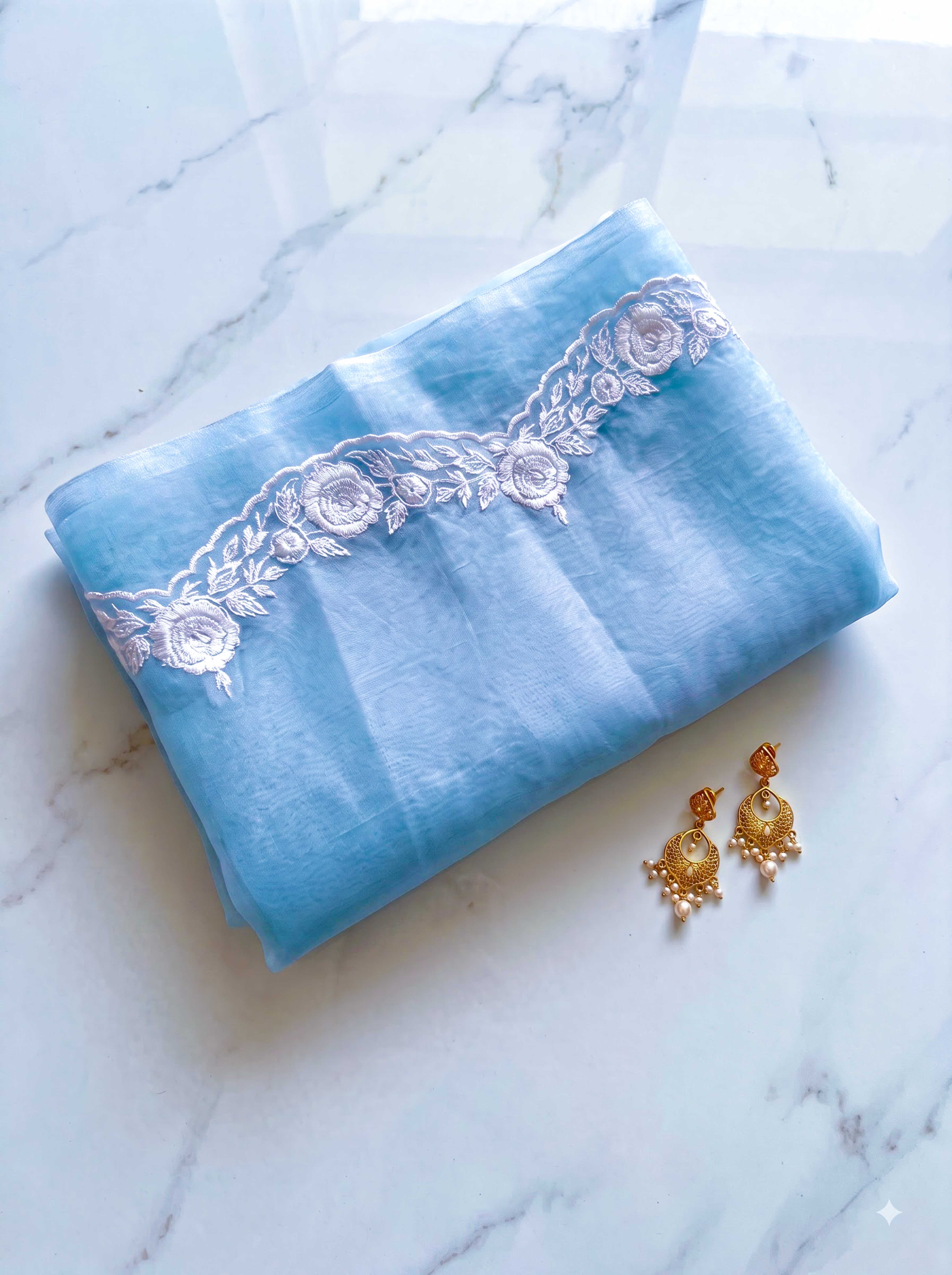 Banarasee Pure Organza Silk Saree With Floral Resham Embroidery-Light Blue