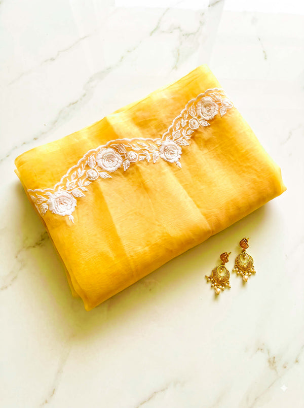 Banarasee Pure Organza Silk Saree With Floral Resham Embroidery-Yellow