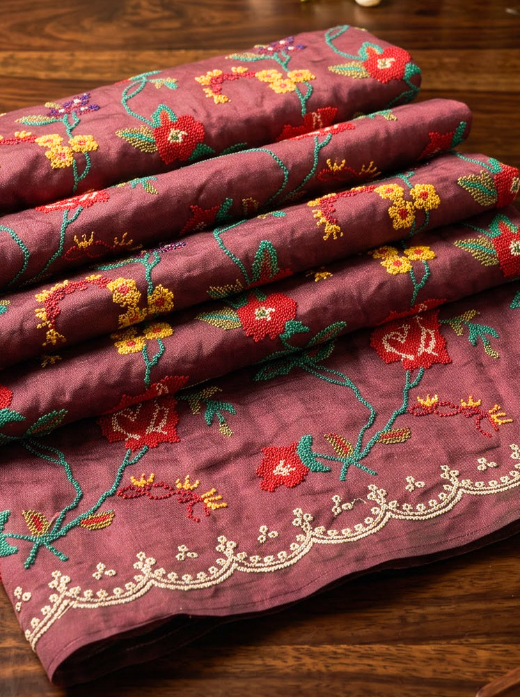 Banarasee Pure Tissue Silk Saree With Stripe Pattern & Scallop Border-Burgundy