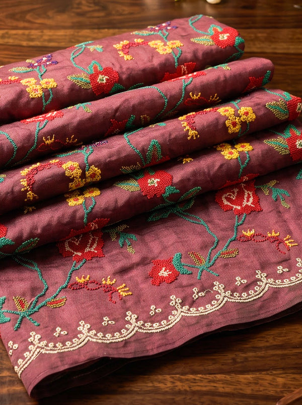 Banarasee Pure Tissue Silk Saree With Stripe Pattern & Scallop Border-Burgundy