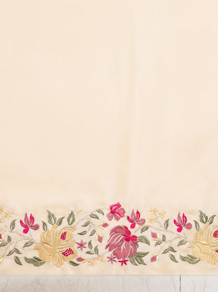 Banarasee Handloom Pure Tussar Silk Saree With Resham Embroidery-Cream