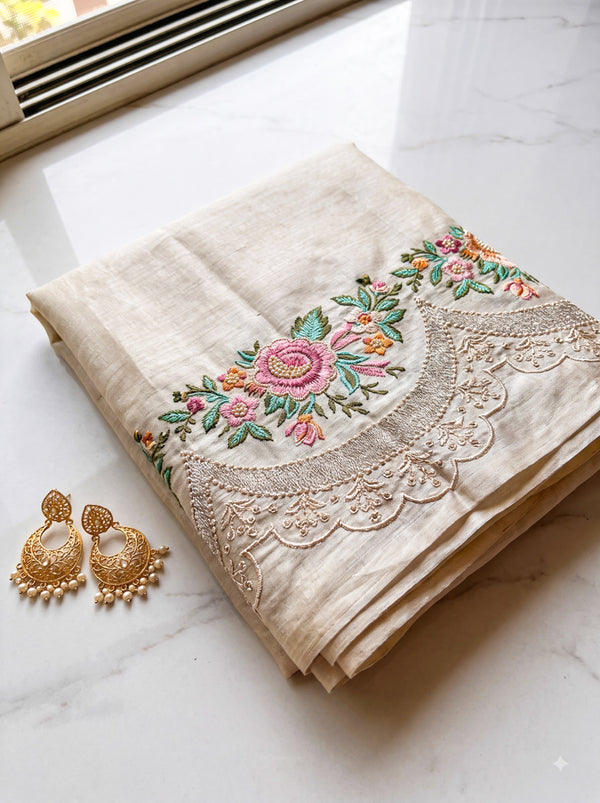 Banarasee Handloom Pure Tussar Silk Saree With Resham Embroidery-Cream