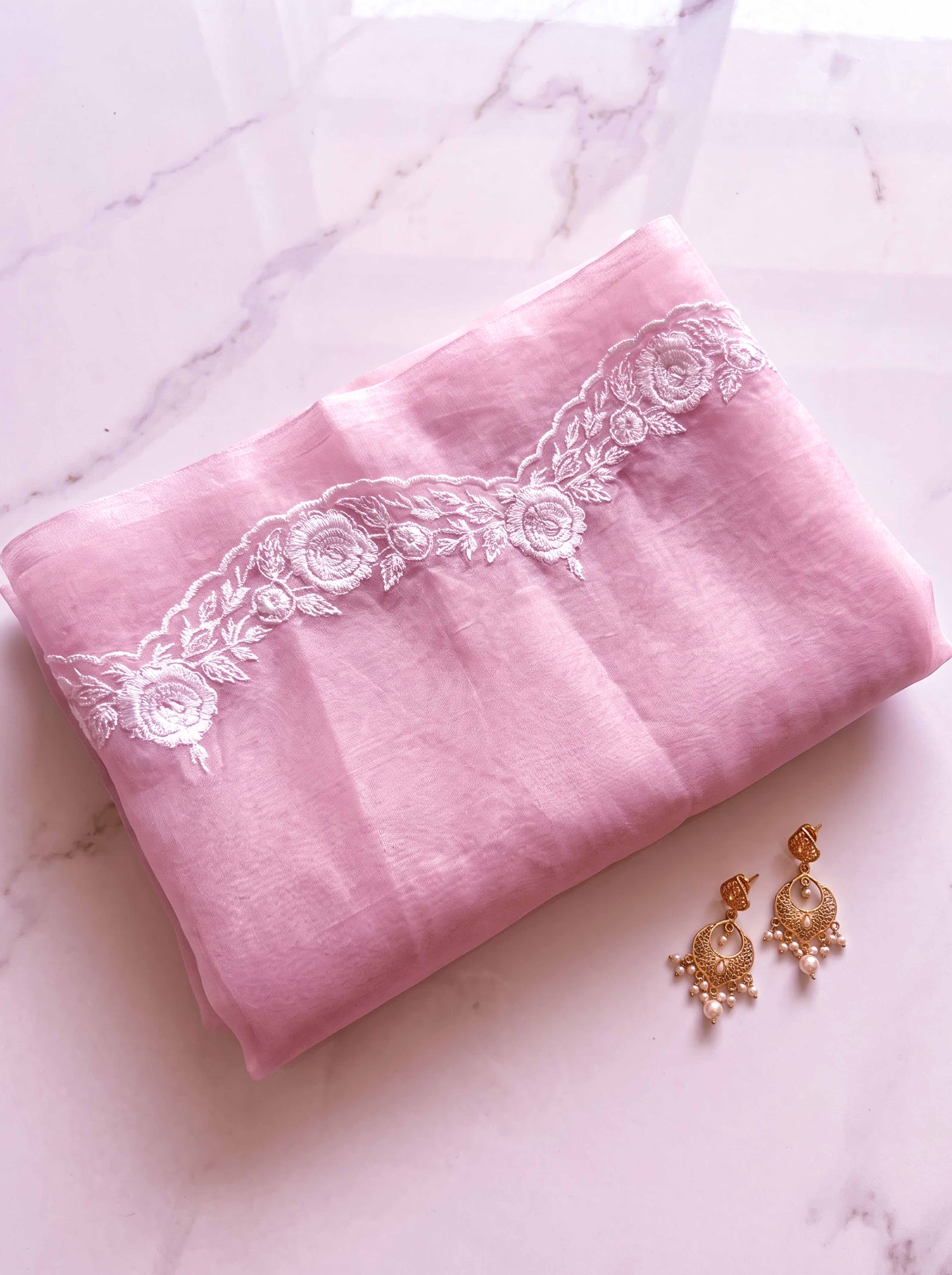 Banarasee Pure Organza Silk Saree With Floral Resham Embroidery-Light Pink