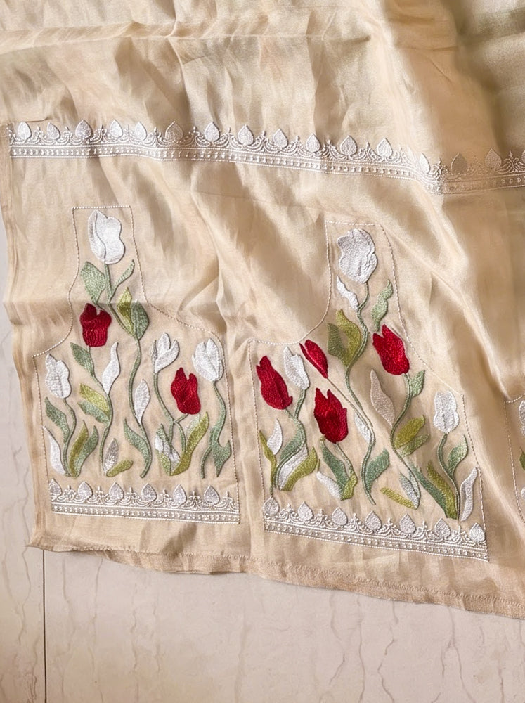Banarasee Pure Tissue Silk Saree With Stripe Pattern & Resham Embroidered Border-Beige