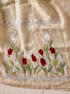 Banarasee Pure Tissue Silk Saree With Stripe Pattern & Resham Embroidered Border-Beige