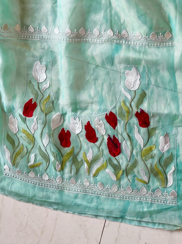 Banarasee Pure Tissue Silk Saree With Stripe Pattern & Resham Embroidered Border-Aqua Blue