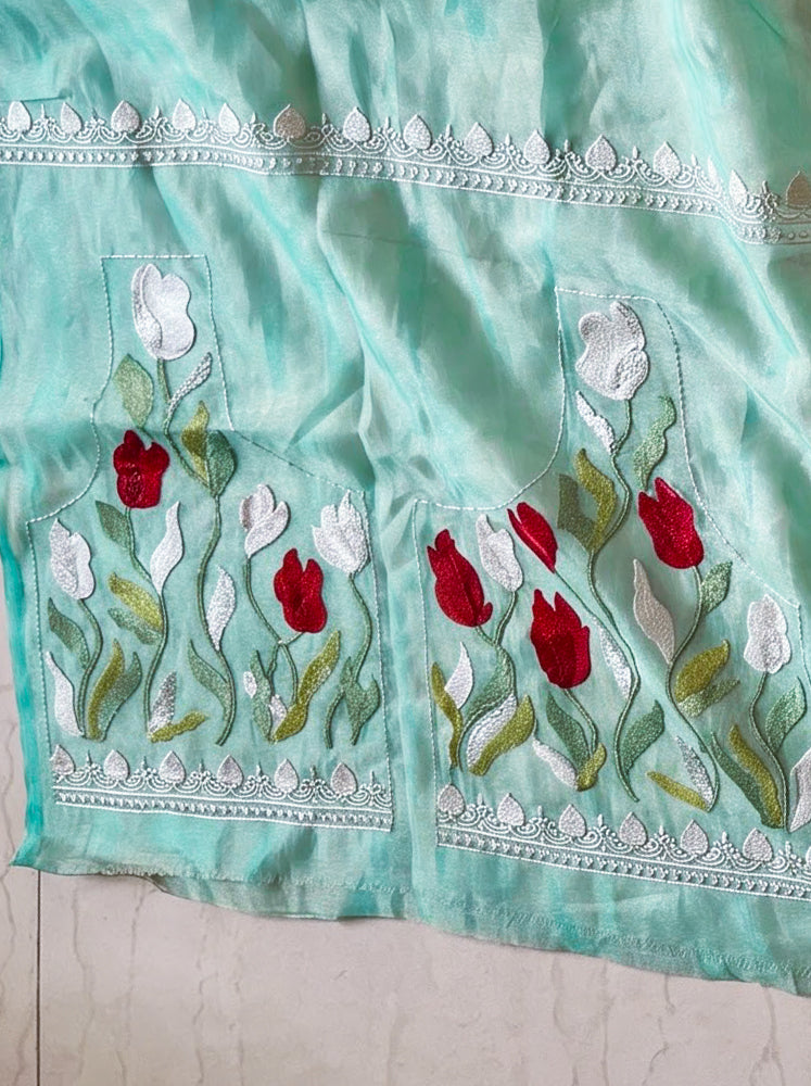 Banarasee Pure Tissue Silk Saree With Stripe Pattern & Resham Embroidered Border-Aqua Blue