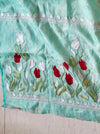Banarasee Pure Tissue Silk Saree With Stripe Pattern & Resham Embroidered Border-Aqua Blue