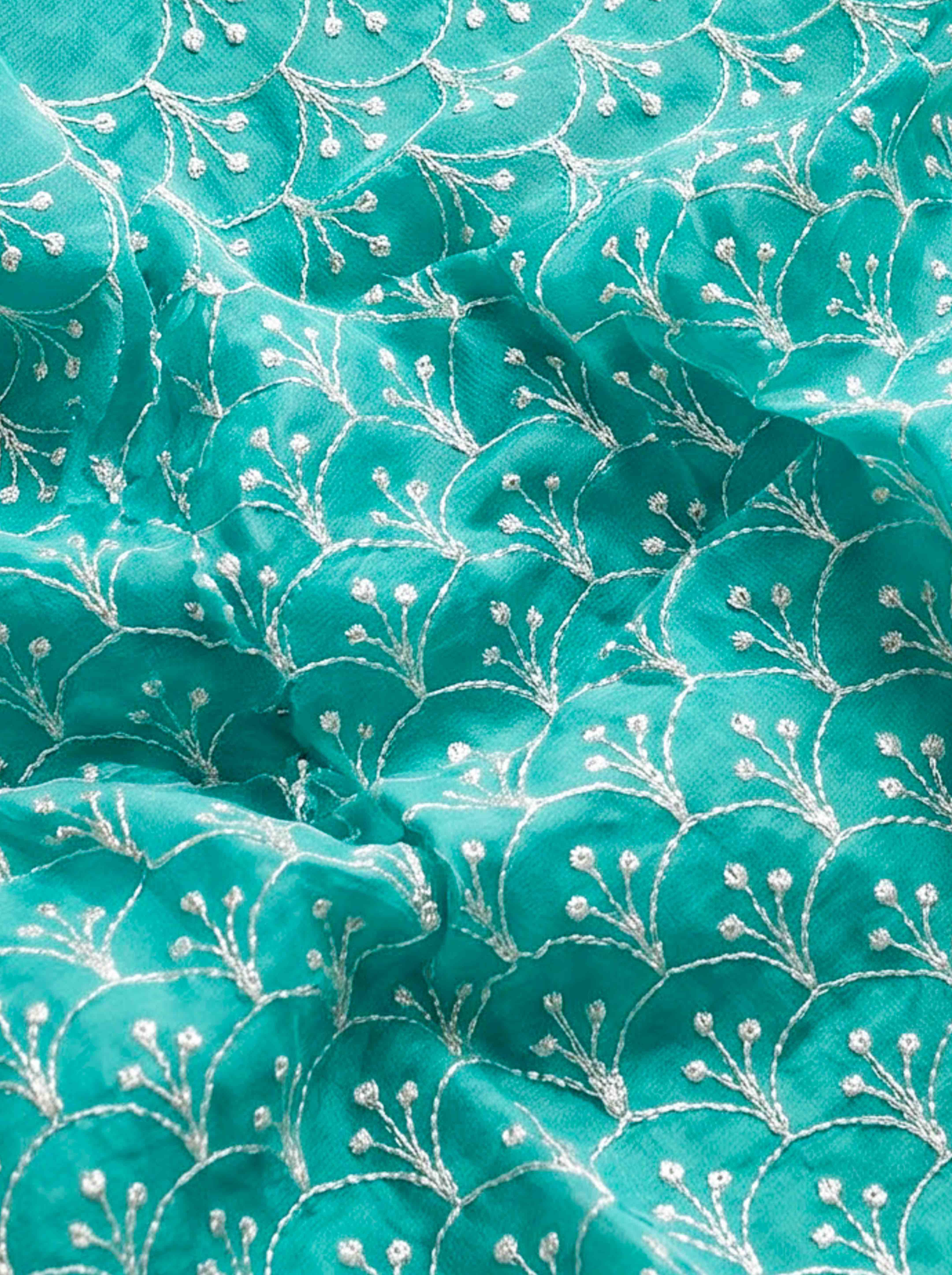 Banarasee Pure Organza Silk Saree With Resham Embroidery-Aqua Blue