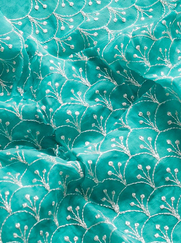 Banarasee Pure Organza Silk Saree With Resham Embroidery-Aqua Blue