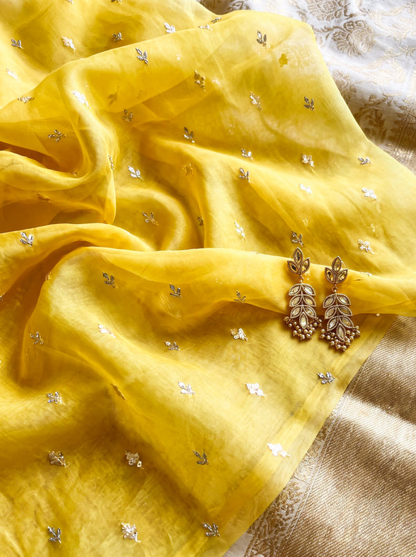 Banarasee Pure Organza Silk Saree With Resham & Zari Embroidery-Yellow