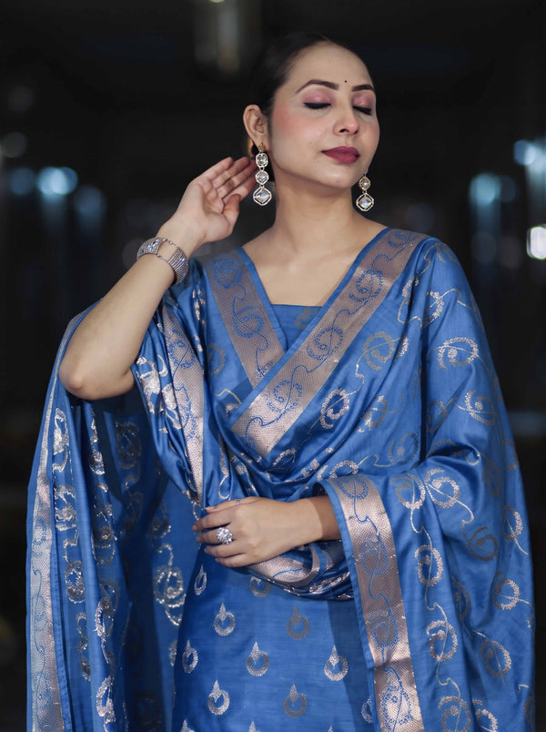 Banarasee Zari Embroidered Chanderi Silk Salwar Kameez With Dupatta Set-Blue